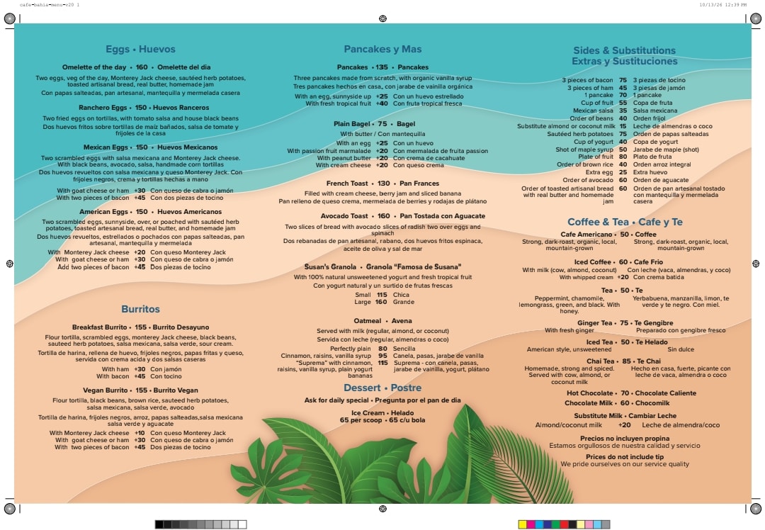 Cafe Bahia Breakfast Menu page 1 — Eggs, Burritos, Pancakes, Sides